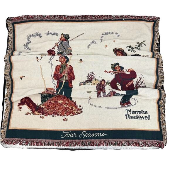 Vintage Norman Rockwell "Four Seasons" Blanket Extra Thick Tapestry Woven Throw - Picture 1 of 11